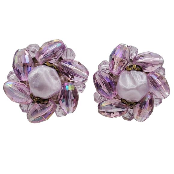 West Germany Purple Pink Cluster Earrings Vintage 60s Beaded AB Clip On Jewelry - Picture 1 of 6